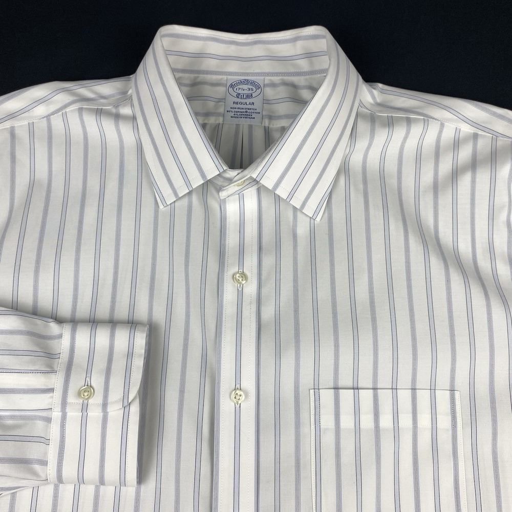 Brooks Brothers Dress Shirt Mens 17.5-35 White w/Blue Stripes Regular Stretch